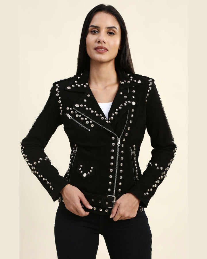 Gemma Black Suede Studded Leather Jacket