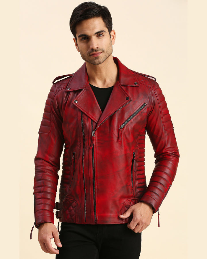 Men Dawson Distressed Red Motorcycle Leather Jacket 1