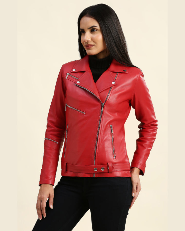 Red Women's Moto Lambskin Real Leather Jacket Motorcycle Slim fit Biker  Jacket