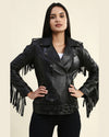 Womens Eloise Black Biker Fringe Leather Jacket 1