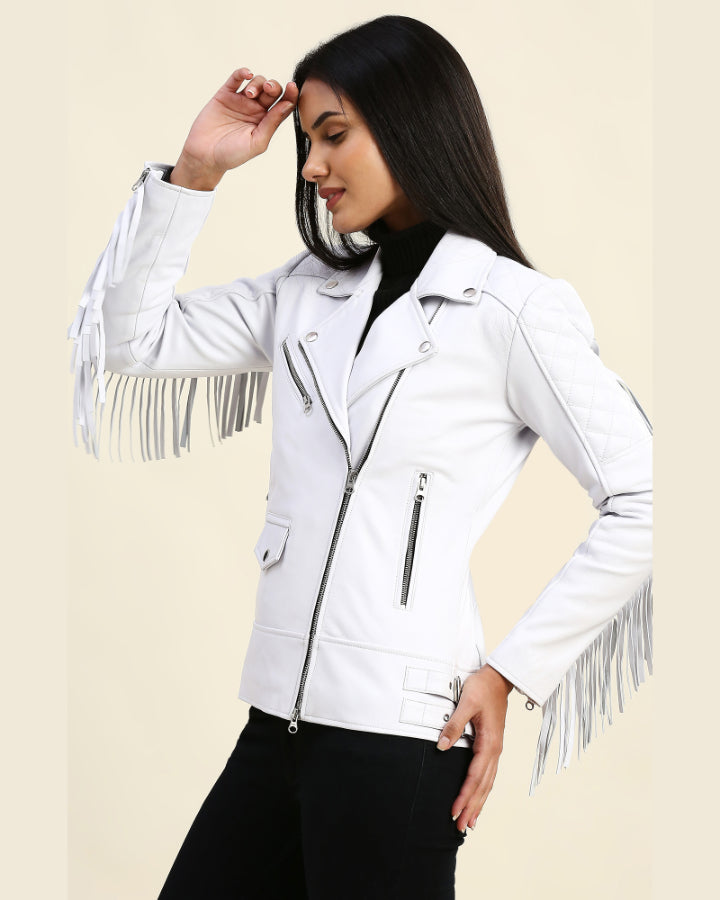 Women Layla White Fringe Biker Leather Jacket, Small - Women's Leather Jackets - 100% Real Leather - NYC Leather Jackets