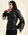 Womens Eloise Black Biker Fringe Leather Jacket 2