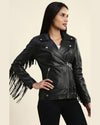 Calista Black Biker Fringes Leather Jacket