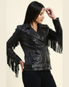 Womens Eloise Black Biker Fringe Leather Jacket 3