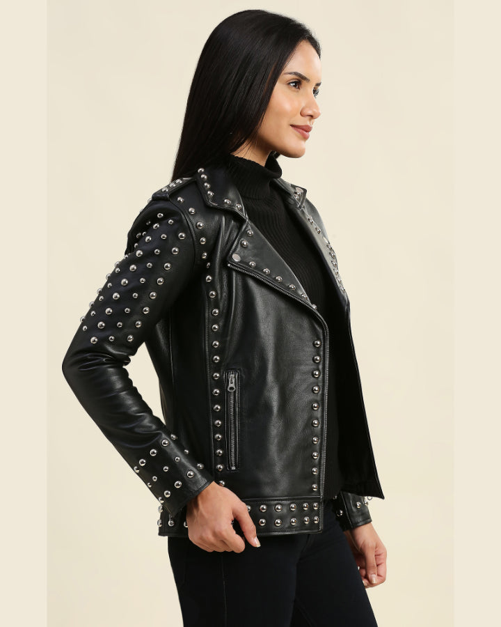 Womens Black Studded Leather Jacket - Biker Style Leather Jacket