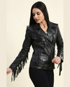 Womens Eloise Black Biker Fringe Leather Jacket 7