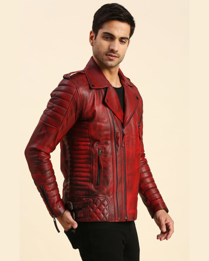 Mens Dawson Distressed Red Motorcycle Leather Jacket Shopperfiesta
