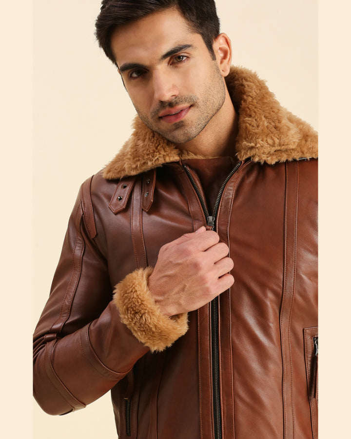 Brave Brown Leather Racer Jacket With Shearling