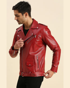 Mens Bryce Red Biker Leather Jacket - Shopperfiesta