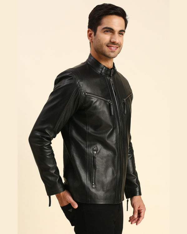 Mens Gael Black Racer Leather Jacket - Shopperfiesta