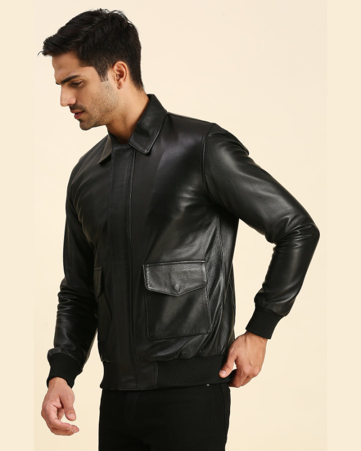 Mens Peter Black Bomber Leather Jacket Shopperfiesta