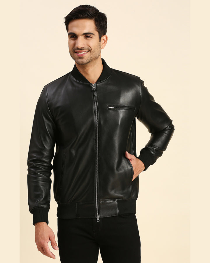 Mens Black Leather Bomber Jacket - Real Leather Jacket With Hood
