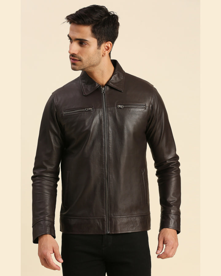 Iniko Brown Leather Racer Jacket
