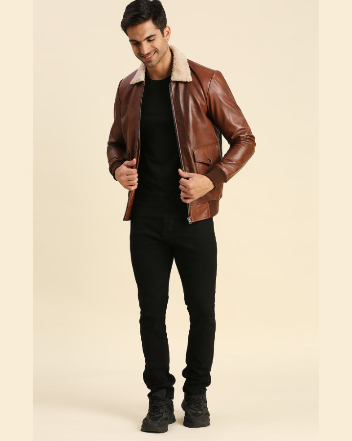 Preston Brown Bomber Leather Jacket With Shearling Collar