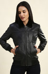 Adah Black Bomber Leather Jacket with Fur Collar