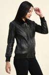 Adah Black Bomber Leather Jacket with Fur Collar