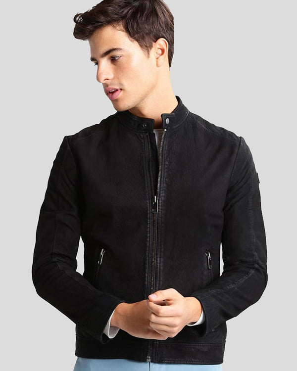 Mens Riordan Black Suede Racer Leather Jacket Shopperfiesta