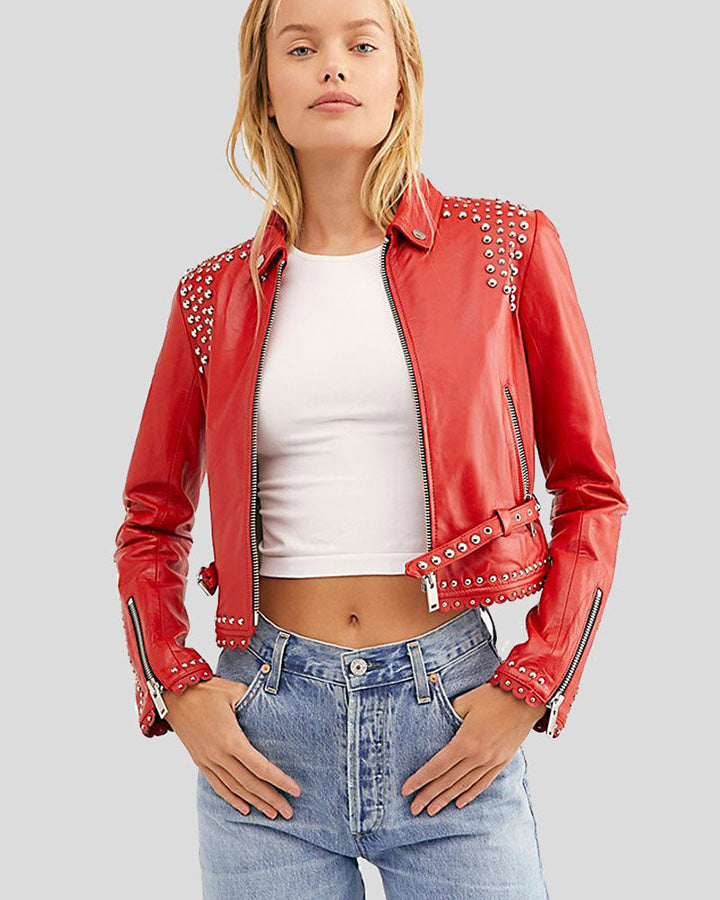Womens Zariah Red Cropped Studded Leather Jacket 1